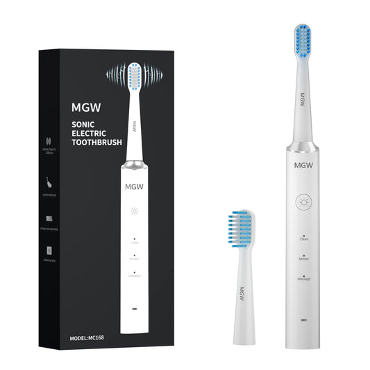 Electric Toothbrush for Adults, Rechargeable Sonic Electric Toothbrushes with Smart Timer, 3 Modes, 2 Replacement Brush Heads, IPX7 Waterproof, One Charge for 60 Days (White)