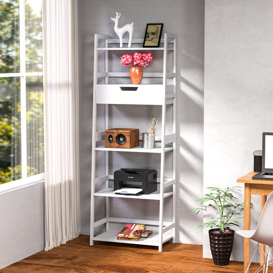 WTZ Bamboo Bookshelf with Drawer, 519 White