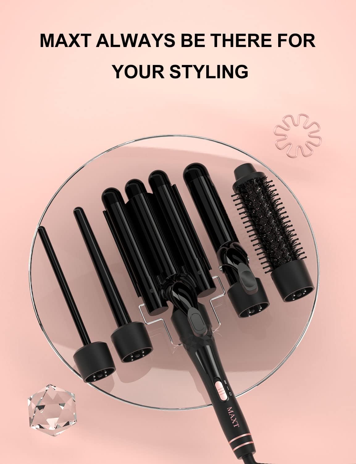 5 in 1 Hair Waver Curling Set for Long and Short Hair - 30s Heat-up Ceramic Iron with 2 Temps and 5 Barrels (0.3"-1.25")
