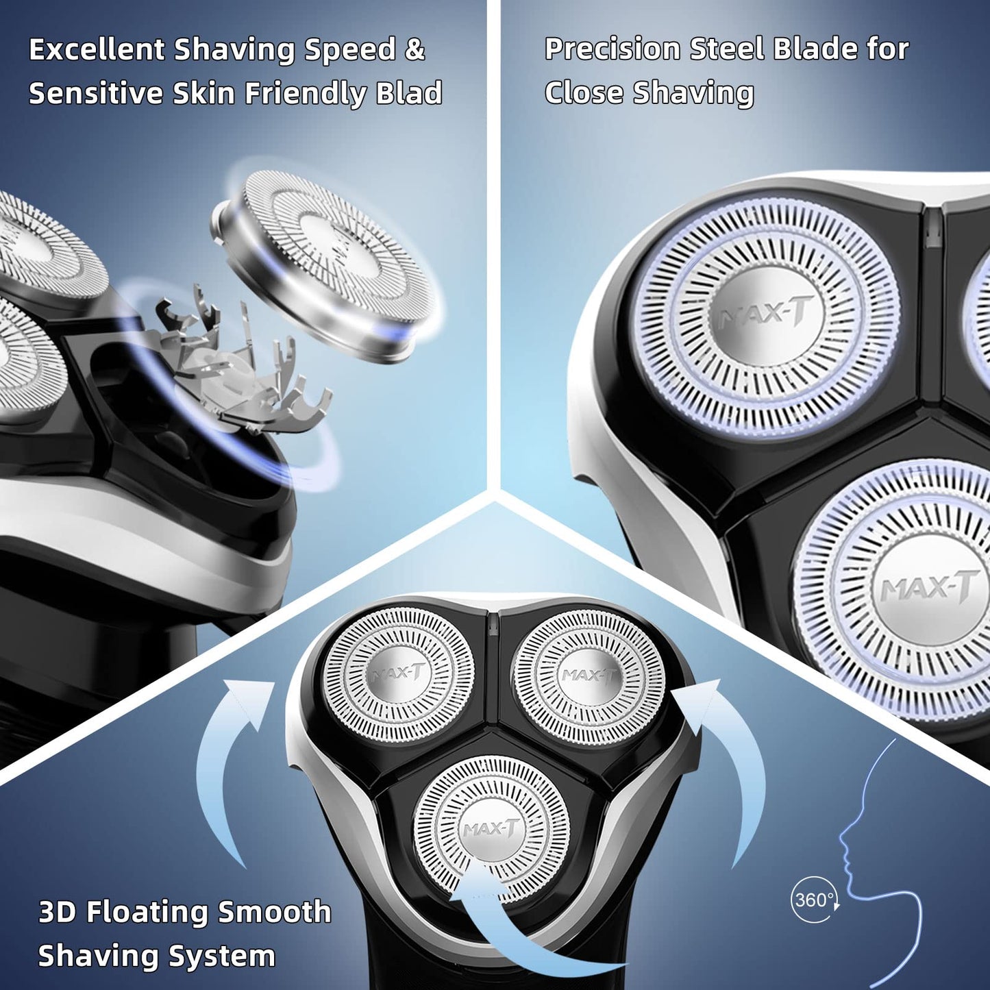 Electric Shaver Razor for Men, MAXT Quick Rechargeable Wet Dry Rotary Shaver with Pop Up Trimmer and LED Display, IPX7 100% Waterproof (8101 with USB Cable)